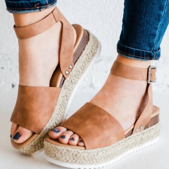 Vegan Leather Tan Ankle Buckle Espadrille Wedge - Picture 6 of 8